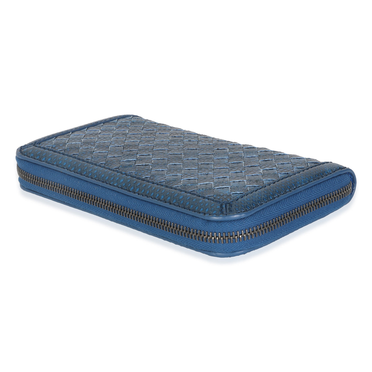 Navy Snakeskin Nappa Intrecciato Zip Around Wallet
