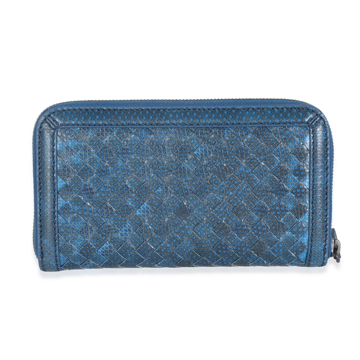 Navy Snakeskin Nappa Intrecciato Zip Around Wallet