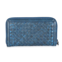 Navy Snakeskin Nappa Intrecciato Zip Around Wallet