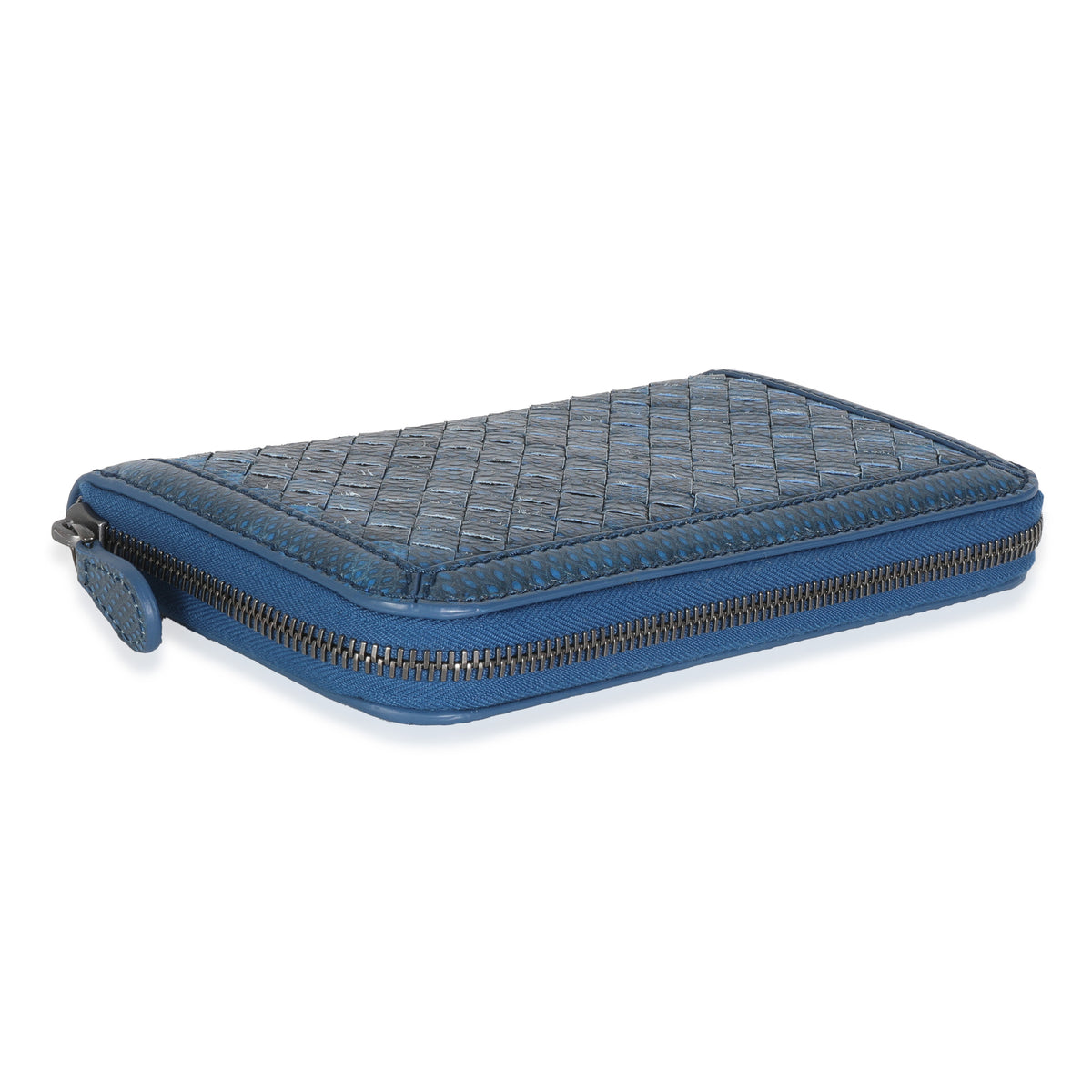 Navy Snakeskin Nappa Intrecciato Zip Around Wallet