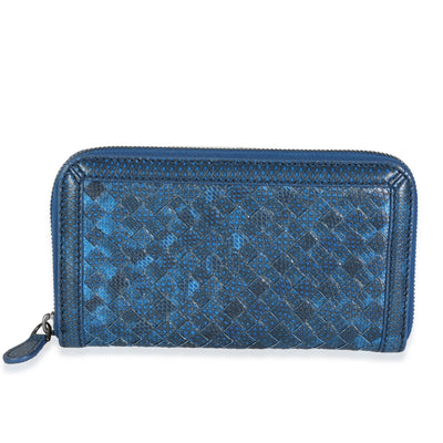 Navy Snakeskin Nappa Intrecciato Zip Around Wallet