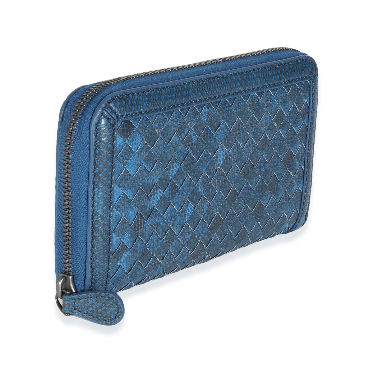 Navy Snakeskin Nappa Intrecciato Zip Around Wallet