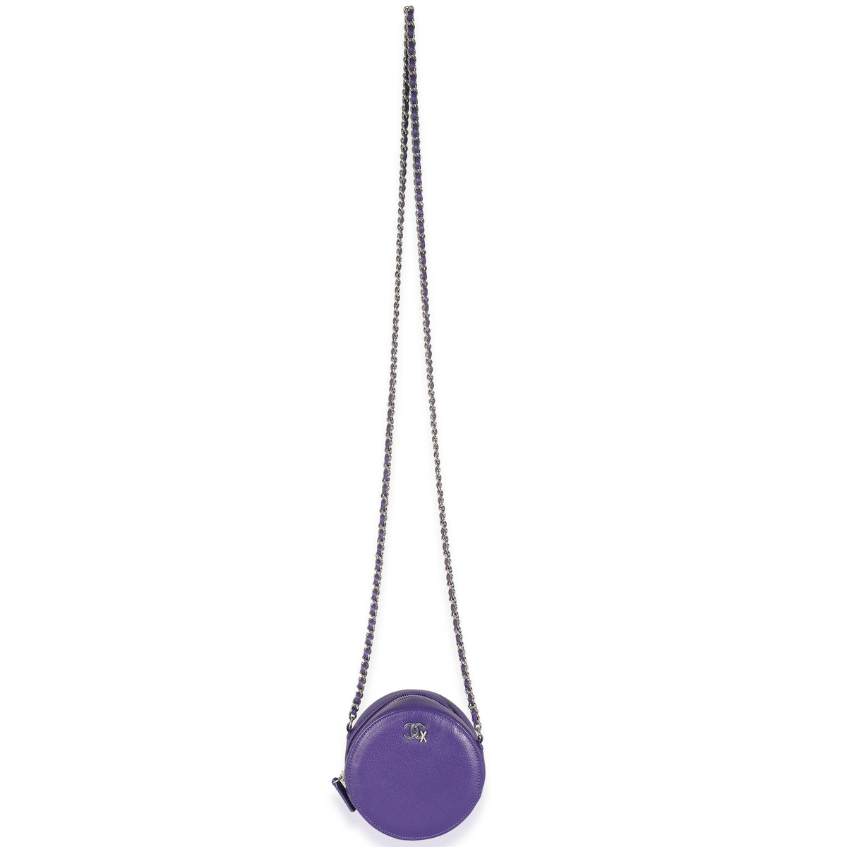 Purple Calfskin Ski Round Clutch With Chain