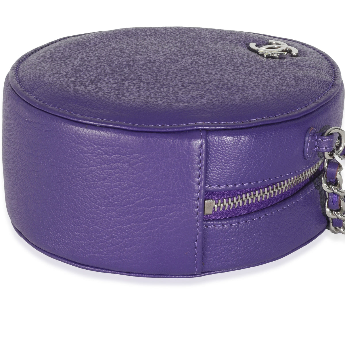 Purple Calfskin Ski Round Clutch With Chain
