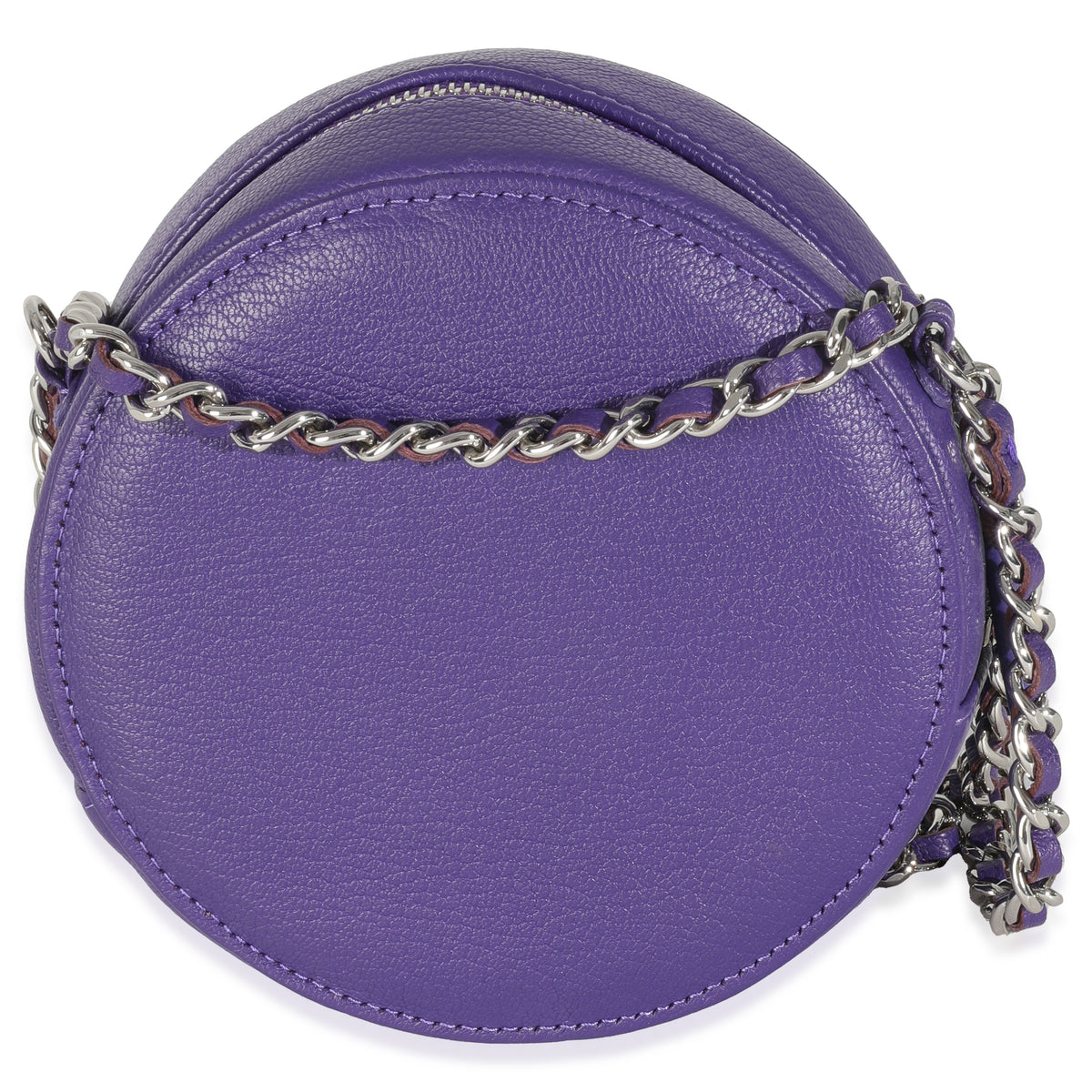 Purple Calfskin Ski Round Clutch With Chain