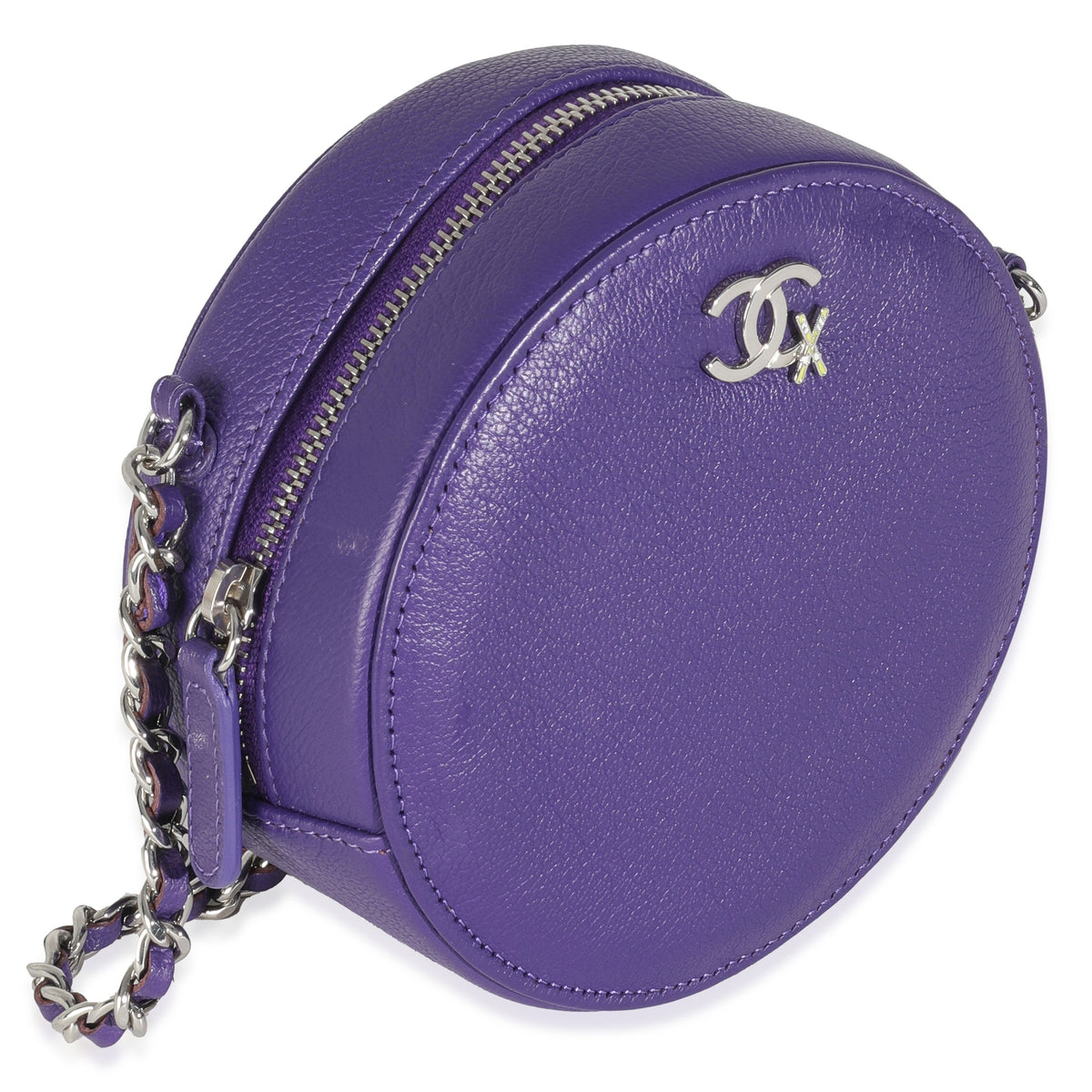 Purple Calfskin Ski Round Clutch With Chain