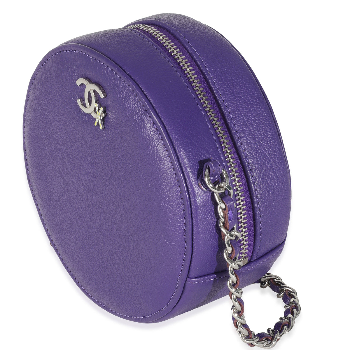 Purple Calfskin Ski Round Clutch With Chain