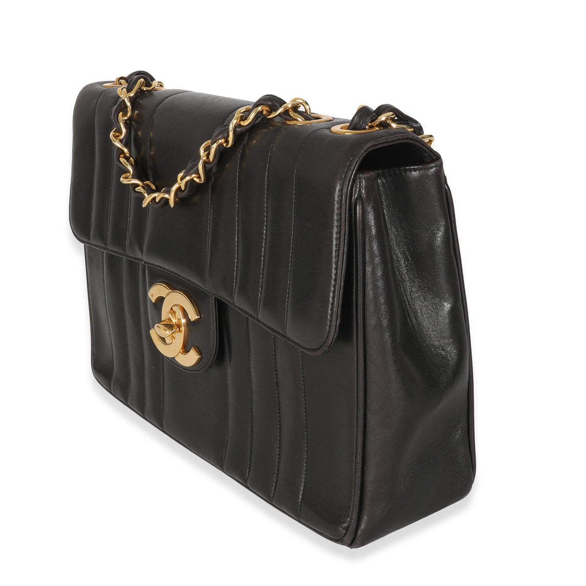 Vintage Black Lambskin Vertical Stitch Jumbo XL Flap Bag