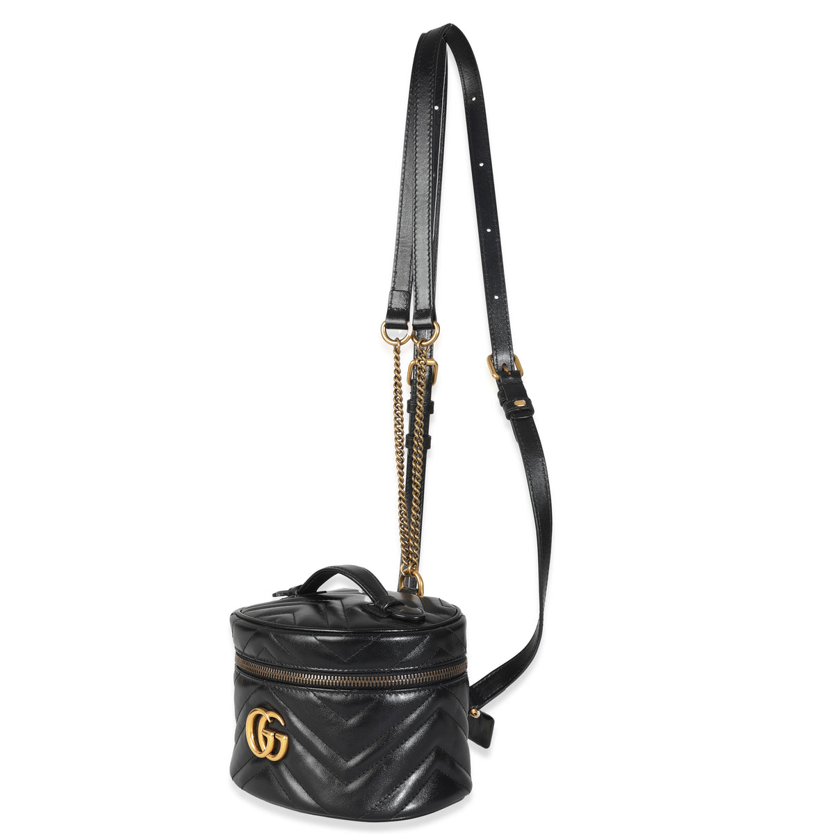 Gucci Black Calfskin Matelasse Mini GG Marmont Round Backpack Handbag sv