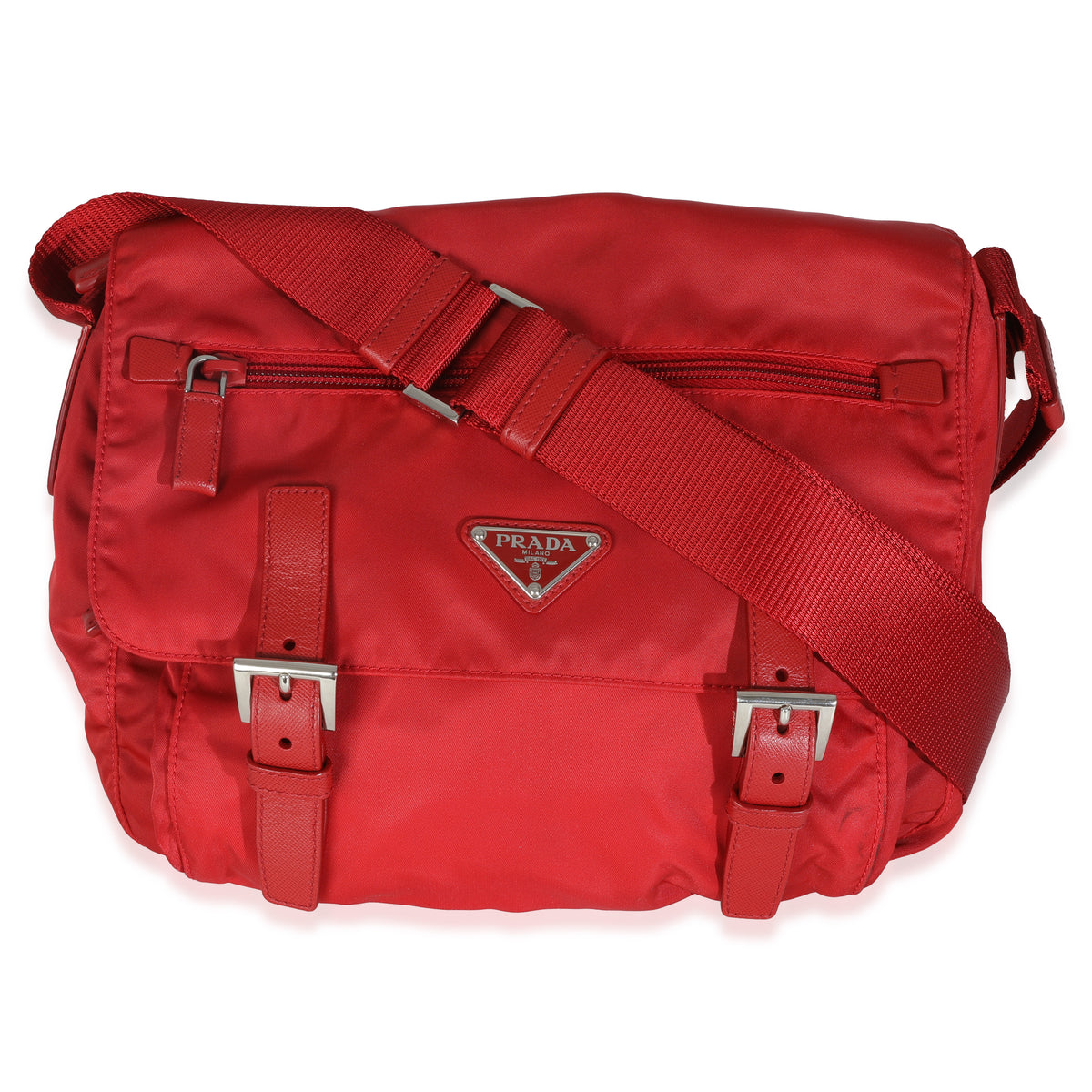 Red Tessuto Nylon Saffiano Small Buckle Messenger Bag