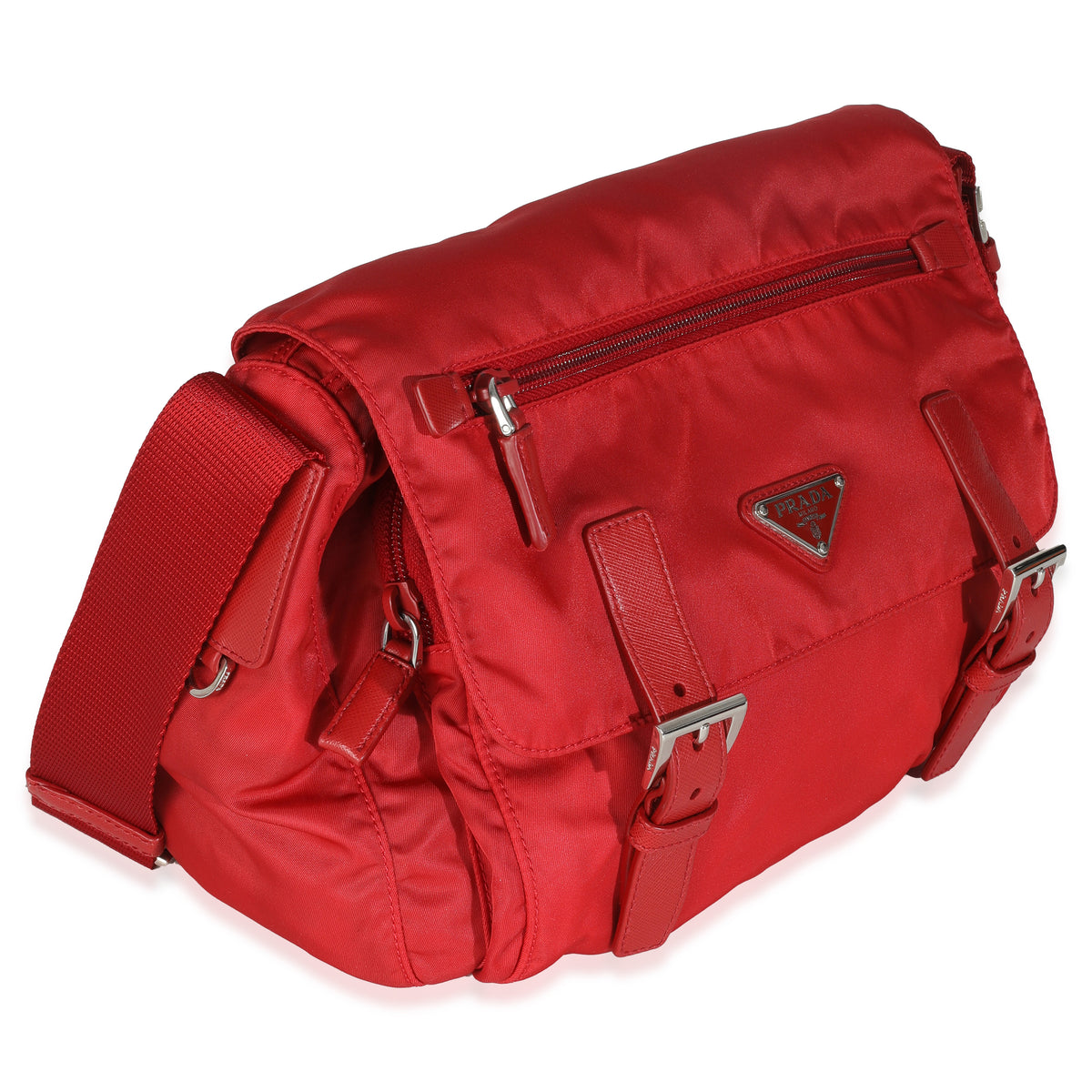 Red Tessuto Nylon Saffiano Small Buckle Messenger Bag