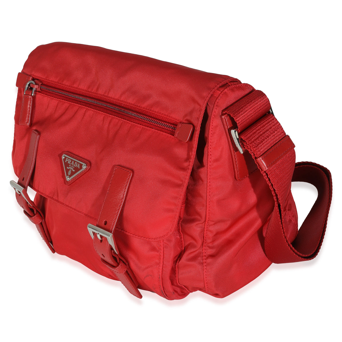 Red Tessuto Nylon Saffiano Small Buckle Messenger Bag