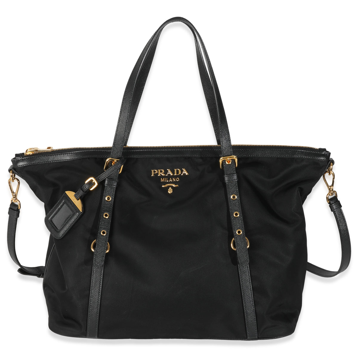 Black Saffiano Tessuto Nylon Metal Shopper Tote
