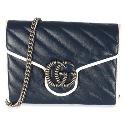 Navy Calfskin Matelasse Diagonal Torchon GG Marmont Chain Wallet
