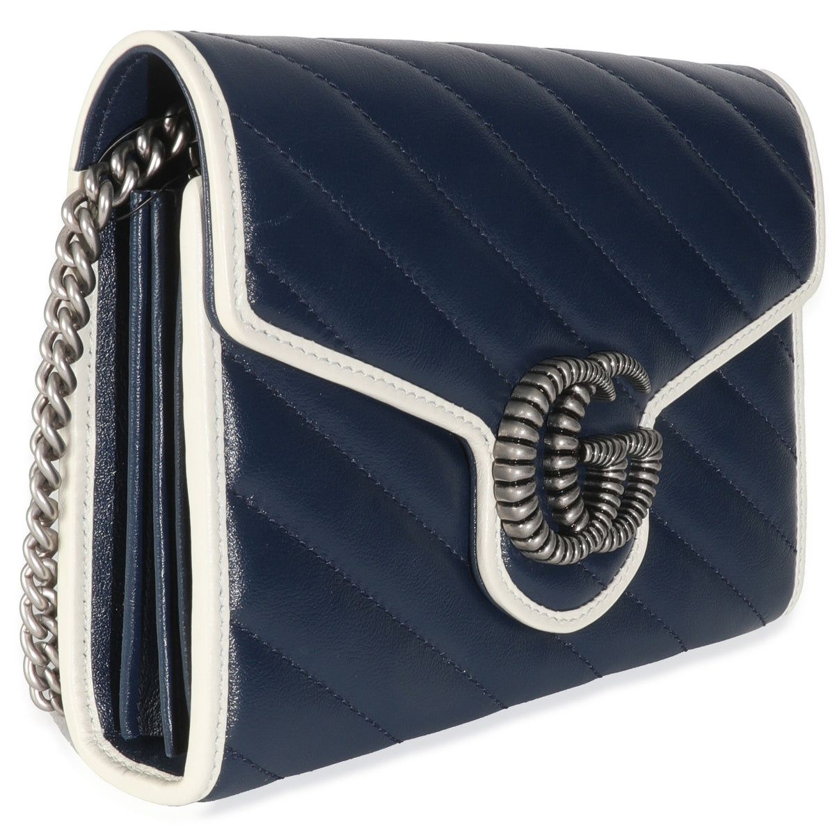 Navy Calfskin Matelasse Diagonal Torchon GG Marmont Chain Wallet