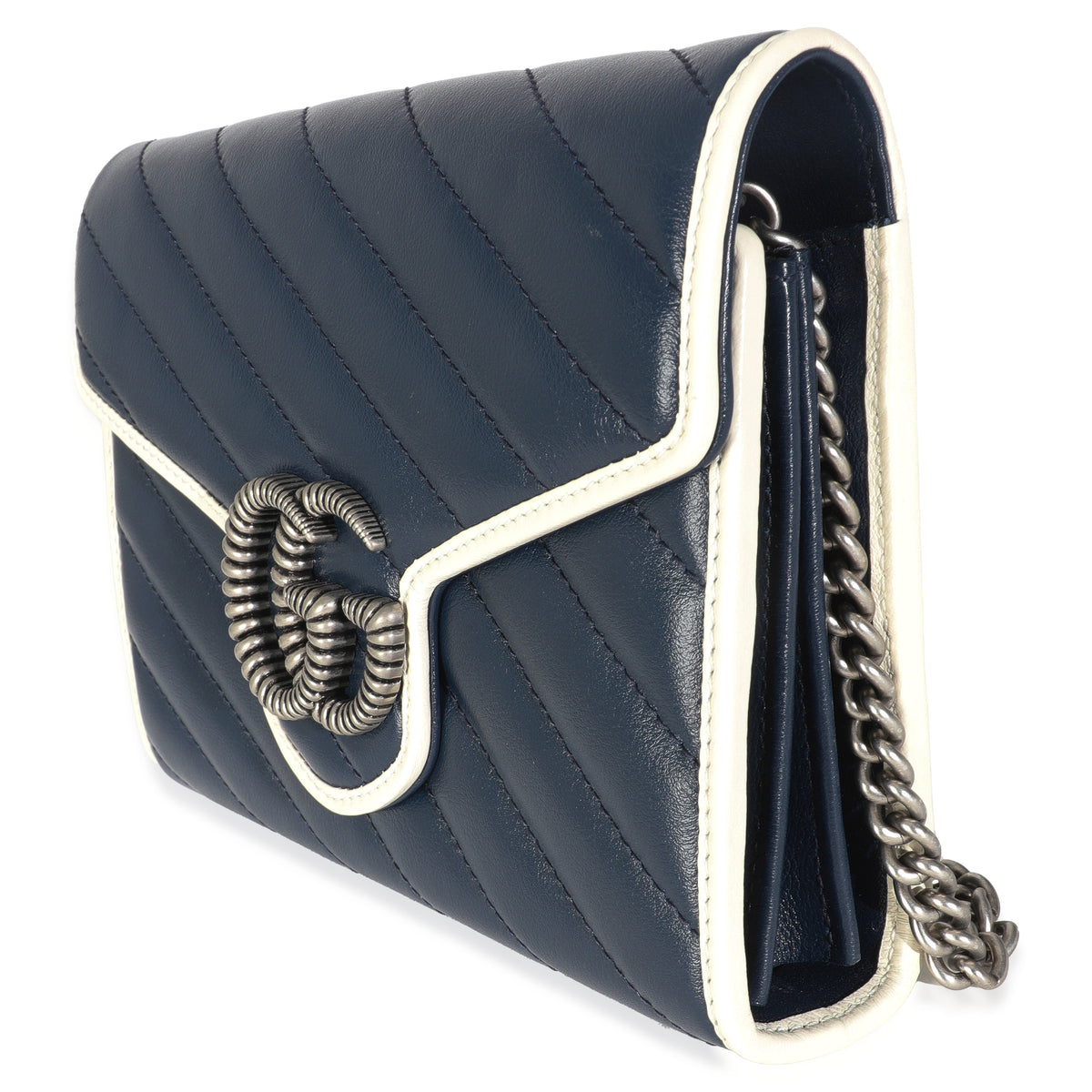 Navy Calfskin Matelasse Diagonal Torchon GG Marmont Chain Wallet