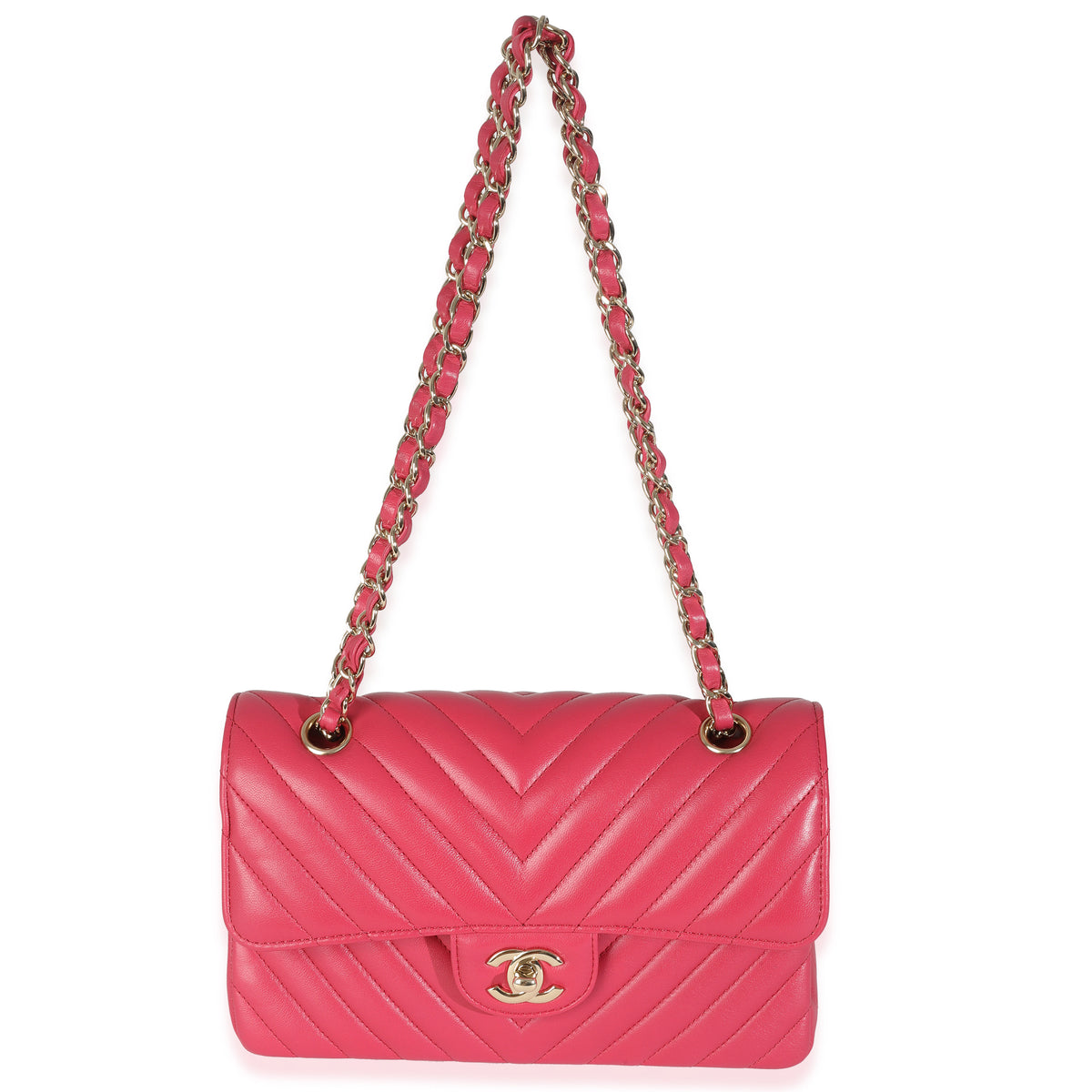 Dark Pink Chevron Lambskin Small Classic Double Flap Bag