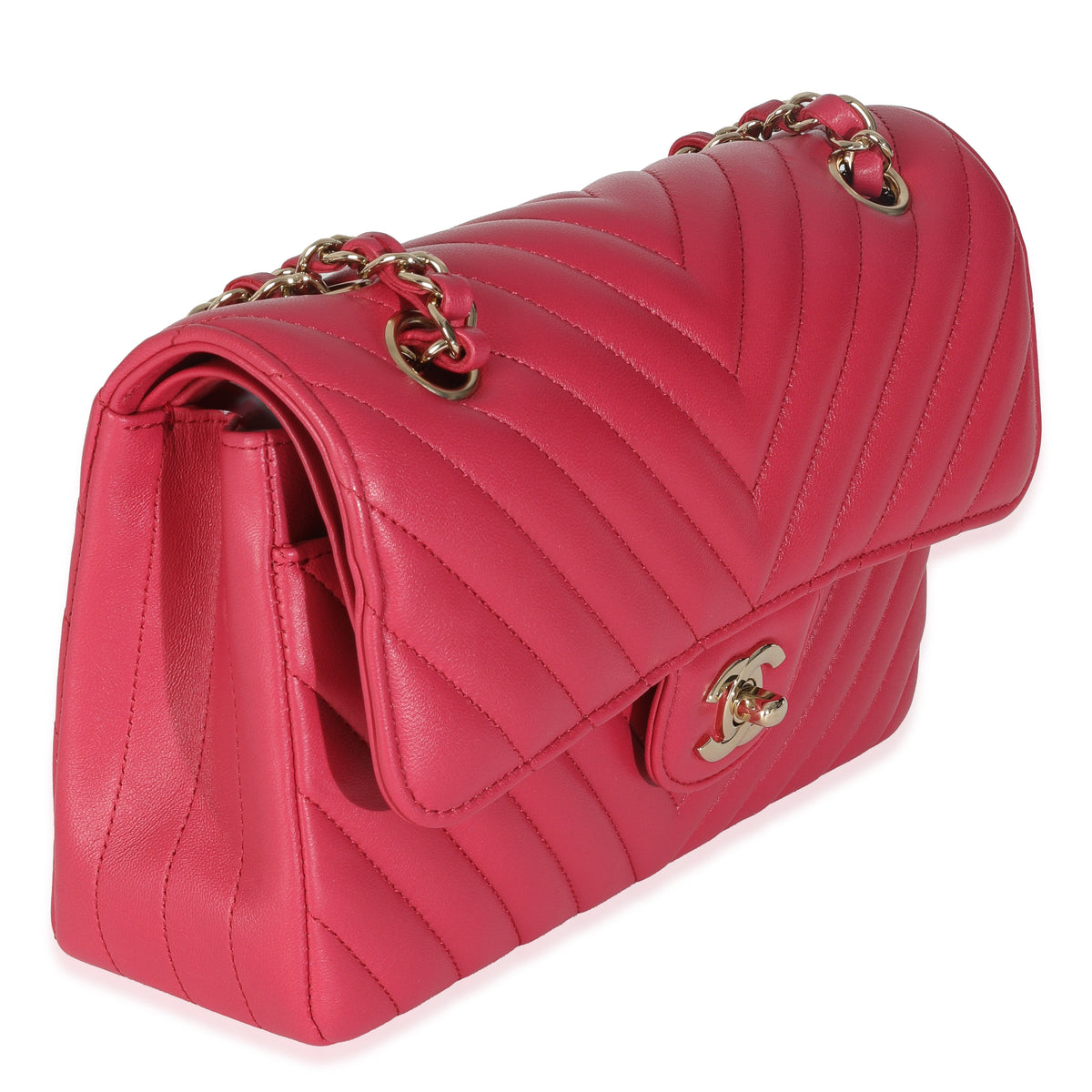 Dark Pink Chevron Lambskin Small Classic Double Flap Bag