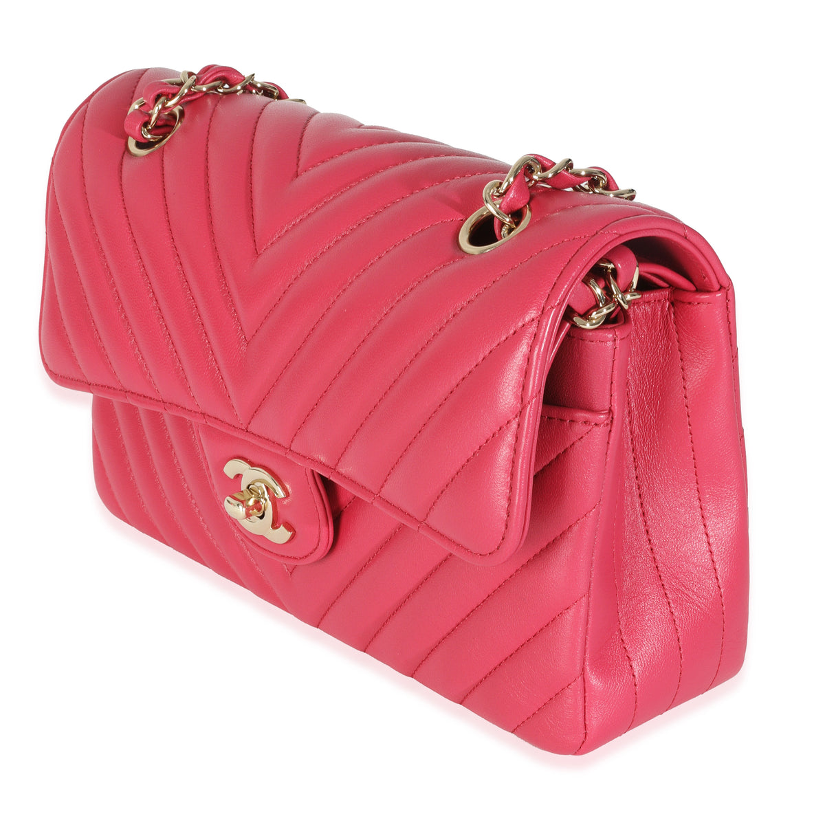 Dark Pink Chevron Lambskin Small Classic Double Flap Bag