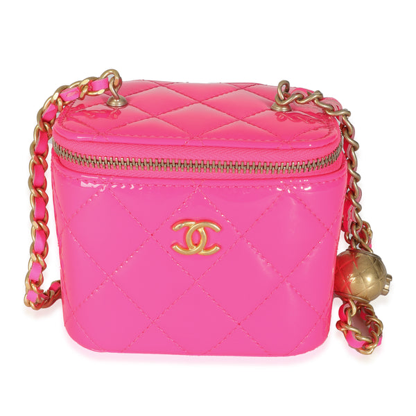 Neon Pink Quilted Patent Pearl Crush Mini Vanity Case With Chain