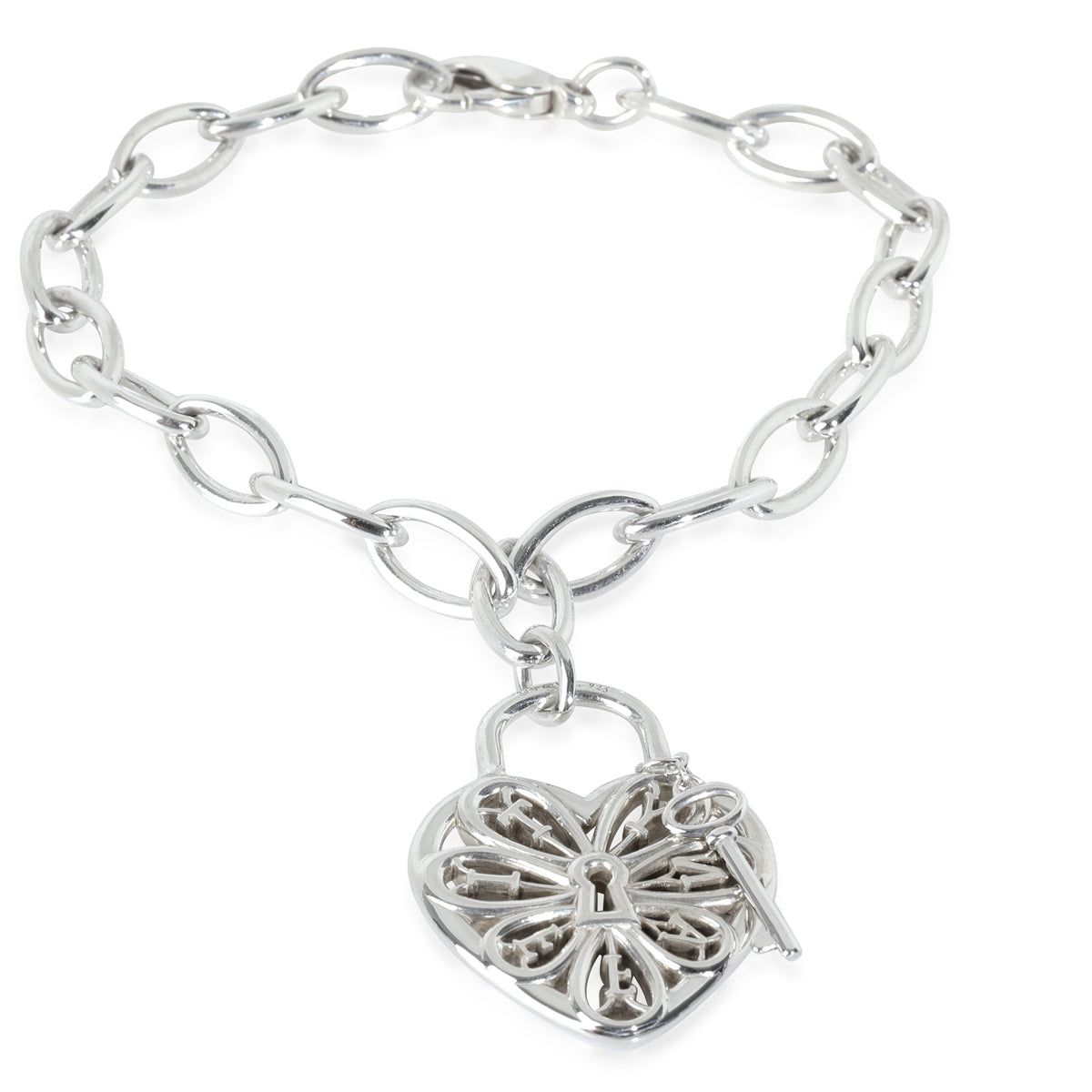 Sterling Silver  Filigree Heart & Key Charm Bracelet