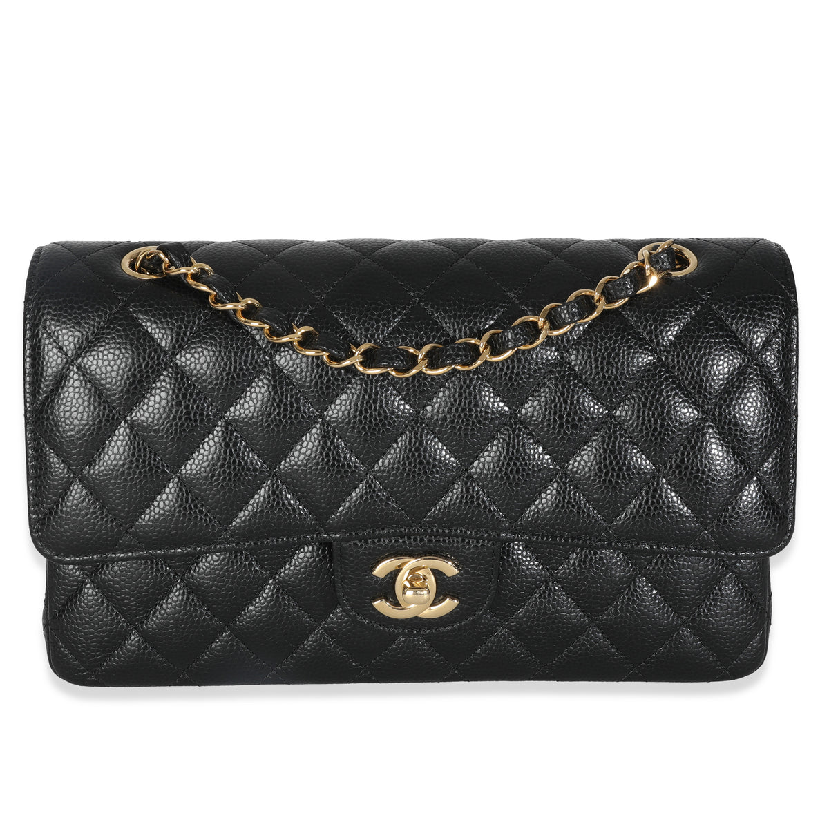 Black Quilted Caviar Medium Classic Double Flap Handbag