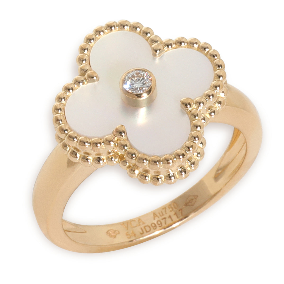 Yellow Gold Mother Of Pearl and Diamond Vintage Alhambra Ring