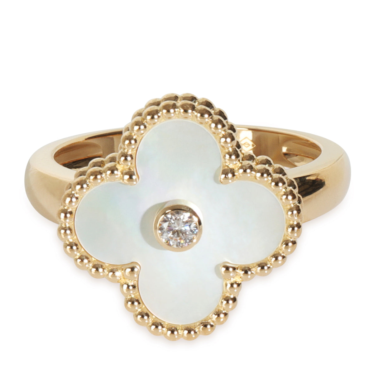 Yellow Gold Mother Of Pearl and Diamond Vintage Alhambra Ring