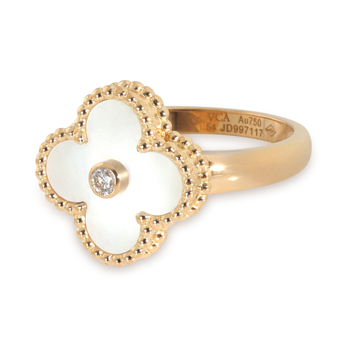 Yellow Gold Mother Of Pearl and Diamond Vintage Alhambra Ring