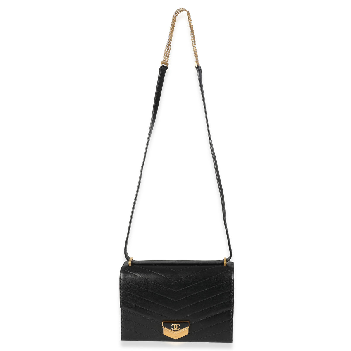 Black Chevron Quilted Calfskin Medal Flap Bag