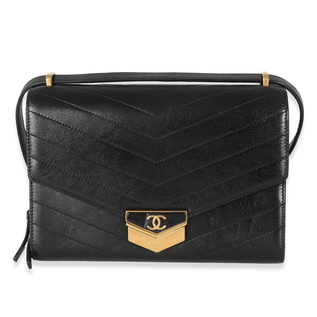 Black Chevron Quilted Calfskin Medal Flap Bag