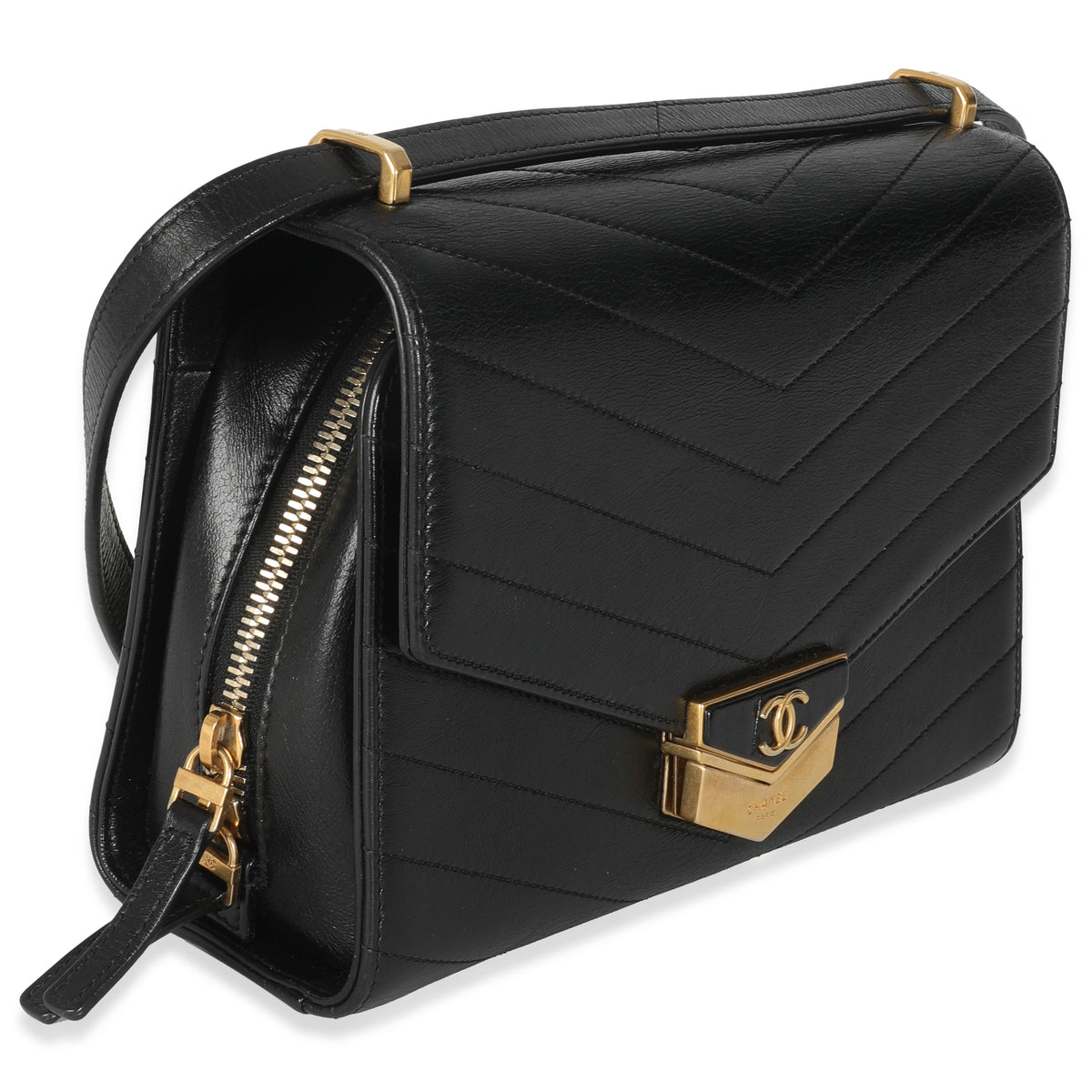 Black Chevron Quilted Calfskin Medal Flap Bag