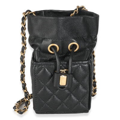 Black Quilted Calfskin Mini Drawstring Bucket Bag