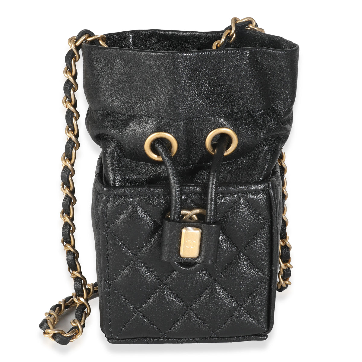 Black Quilted Calfskin Mini Drawstring Bucket Bag