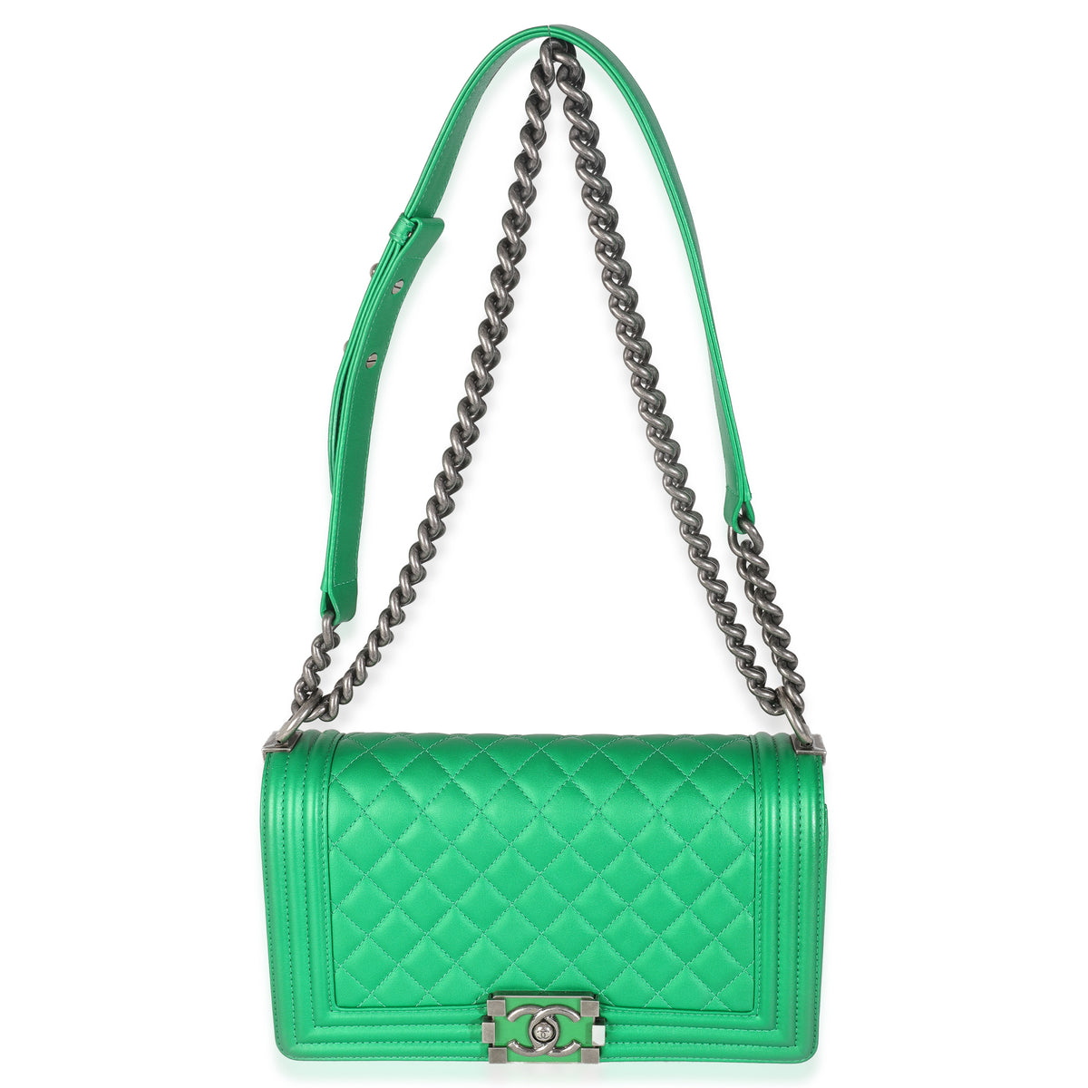 Green Quilted Lambskin Enamel CC Old Medium Boy Bag