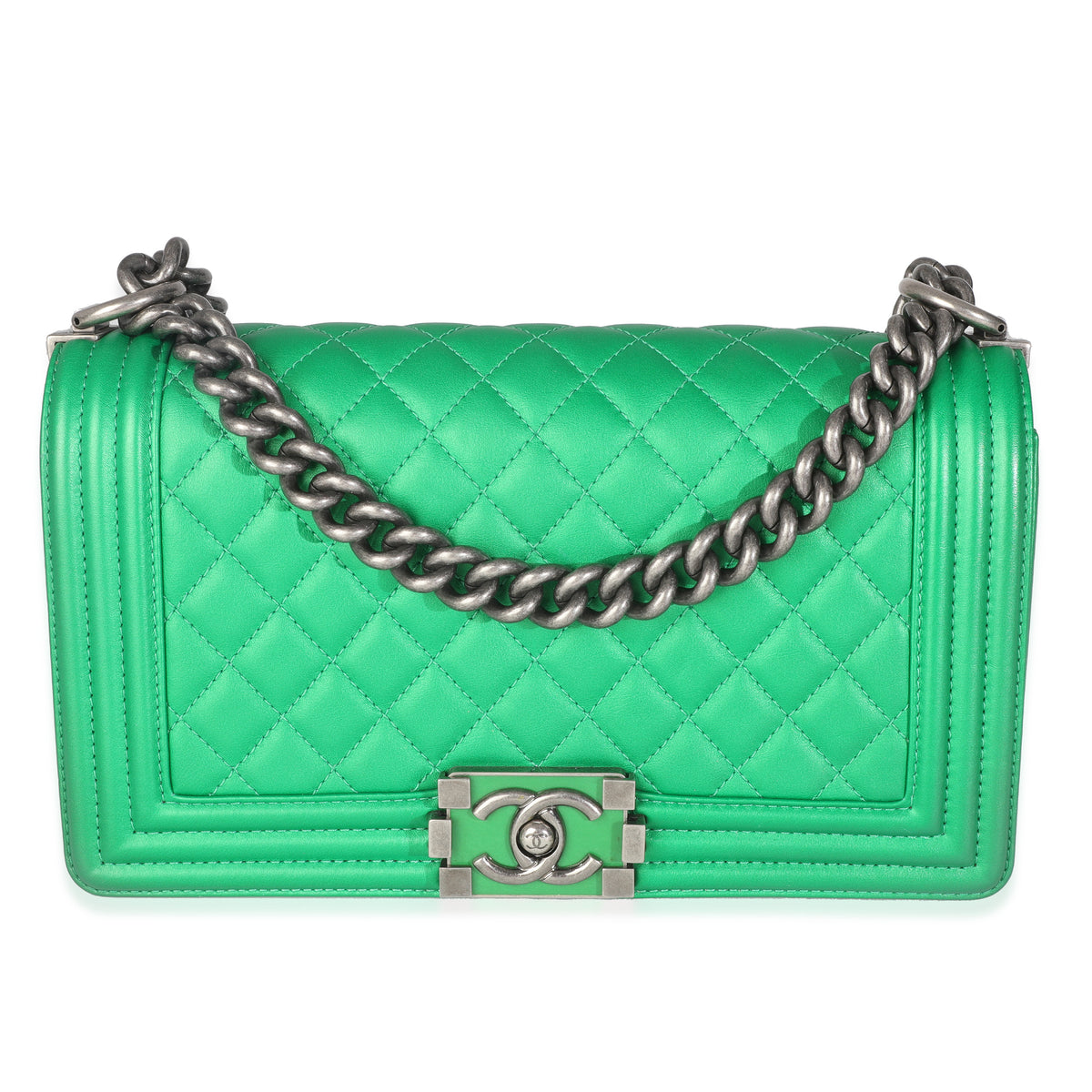 Green Quilted Lambskin Enamel CC Old Medium Boy Bag