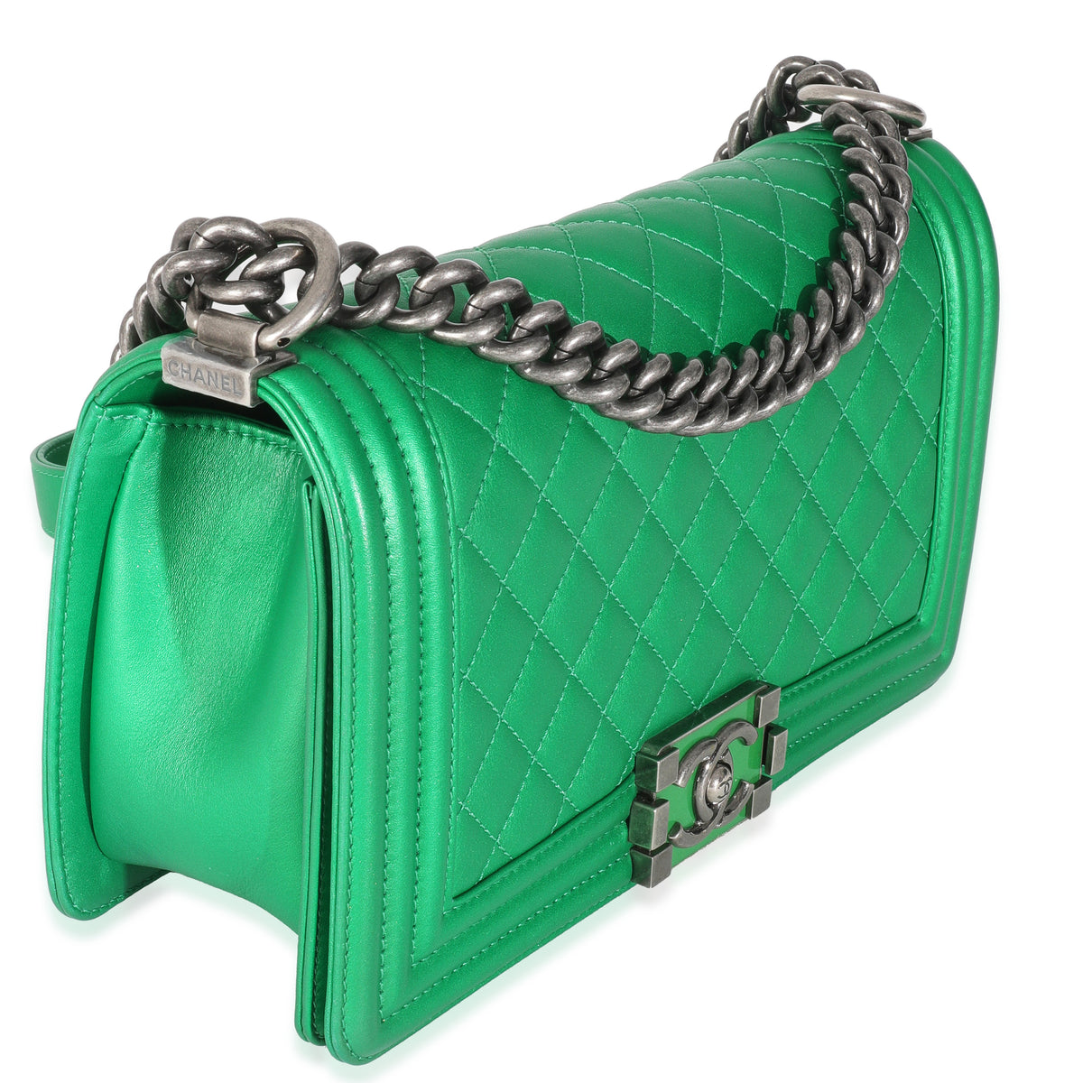 Green Quilted Lambskin Enamel CC Old Medium Boy Bag