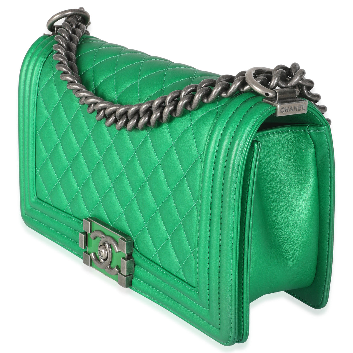 Green Quilted Lambskin Enamel CC Old Medium Boy Bag