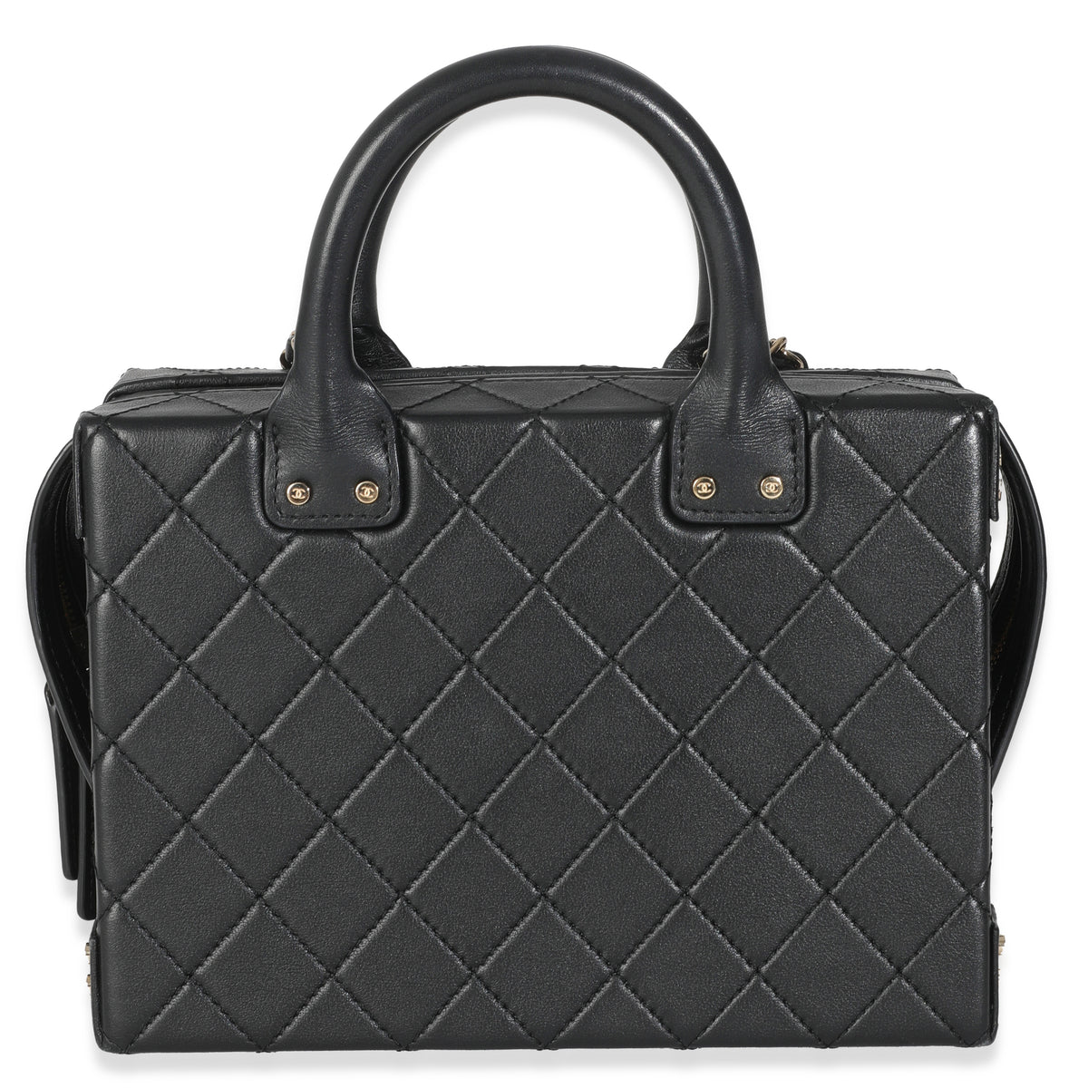 Chanel Black Quilted Calfskin Studded Square Vanity Case Handbag bv