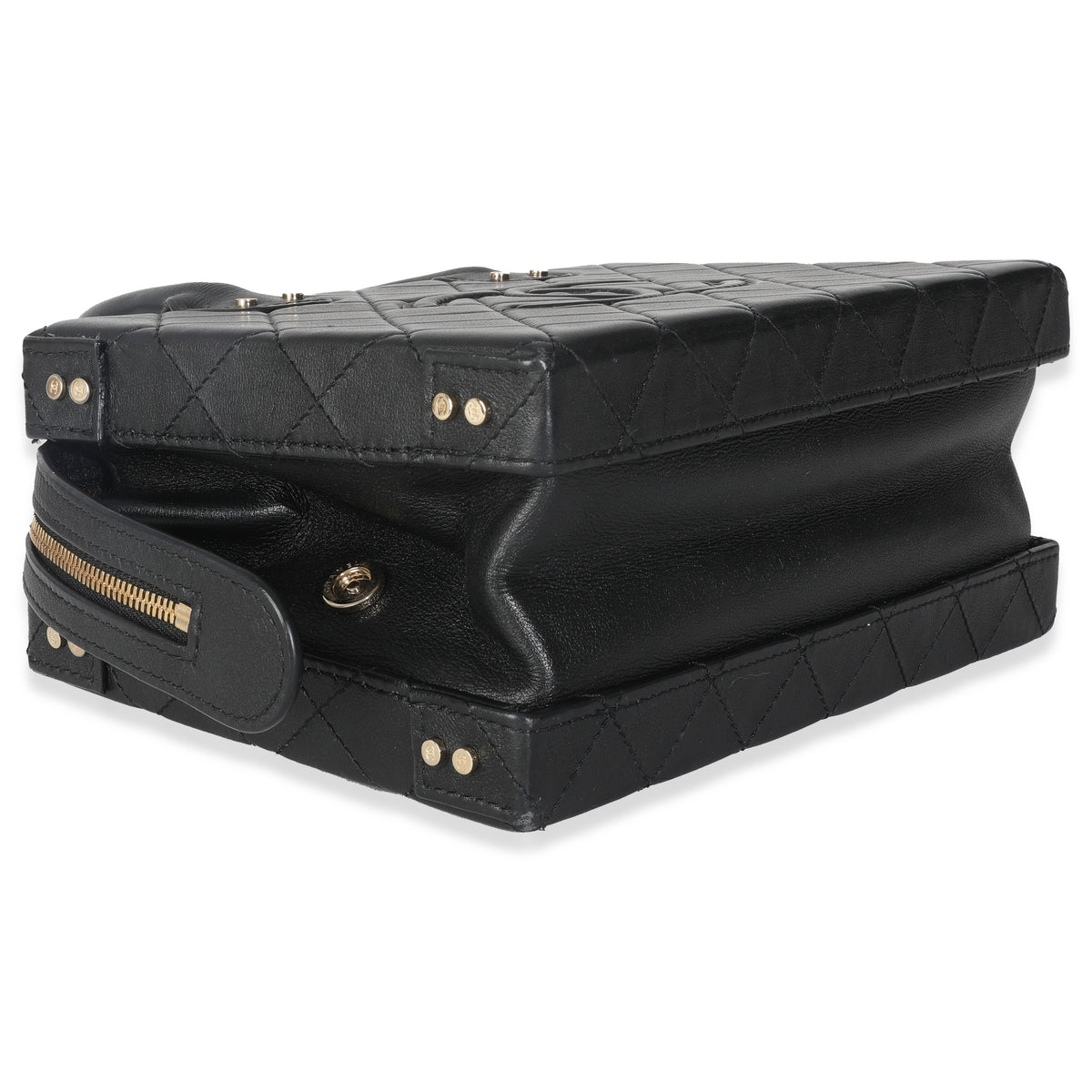 Chanel Black Quilted Calfskin Studded Square Vanity Case Handbag clasp
