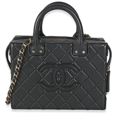 Chanel Black Quilted Calfskin Studded Square Vanity Case Handbag fv