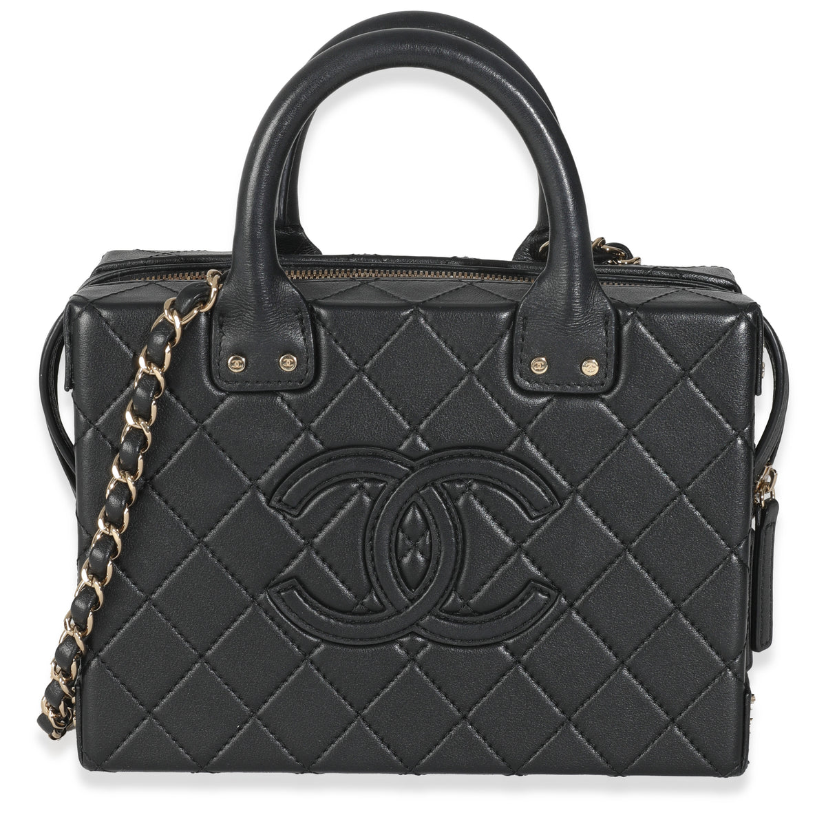Chanel Black Quilted Calfskin Studded Square Vanity Case Handbag fv