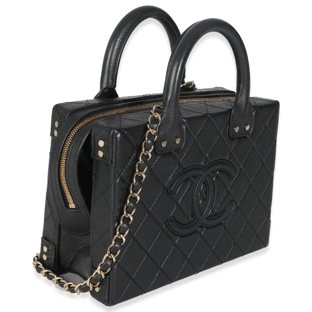 Chanel Black Quilted Calfskin Studded Square Vanity Case Handbag pv