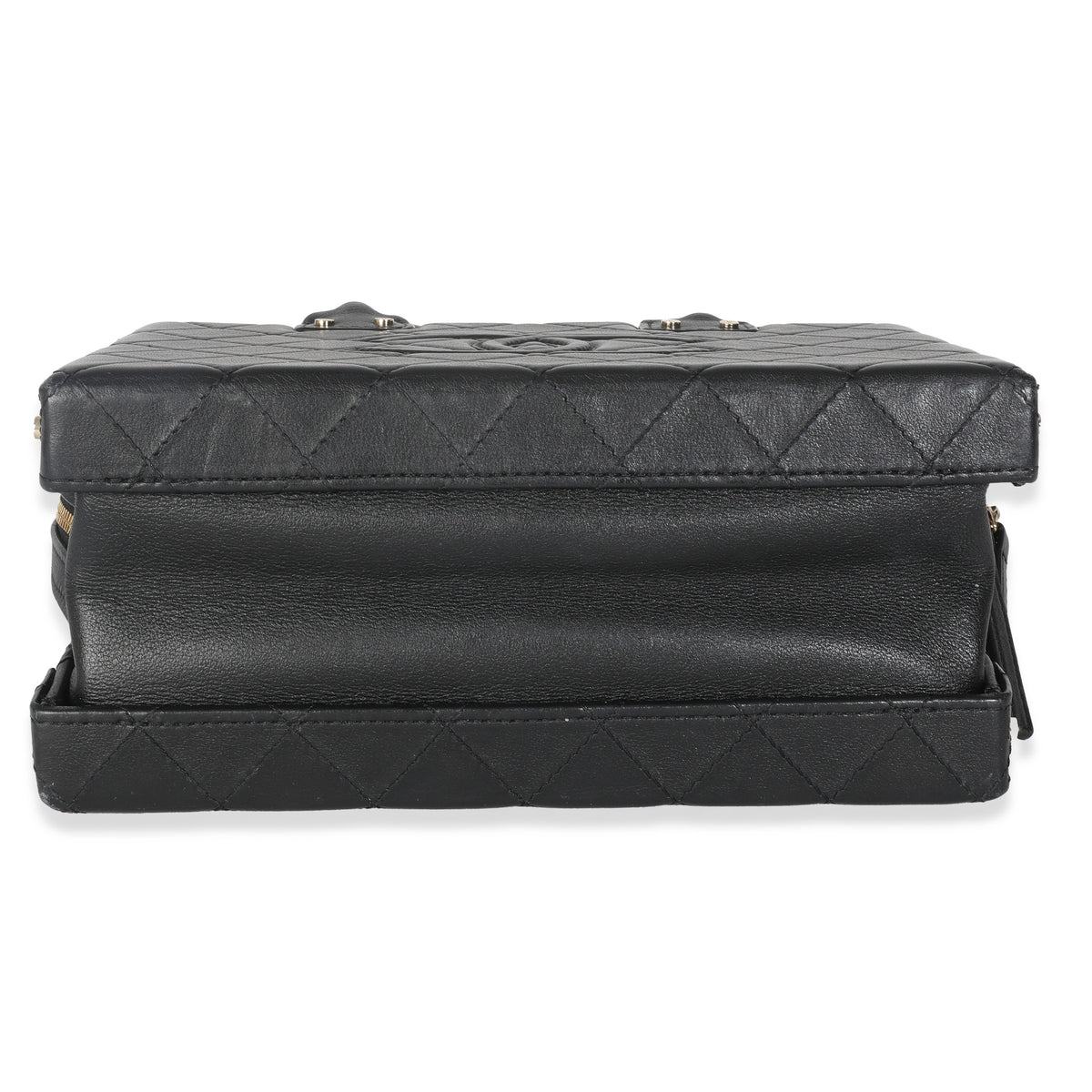 Chanel Black Quilted Calfskin Studded Square Vanity Case Handbag stamp