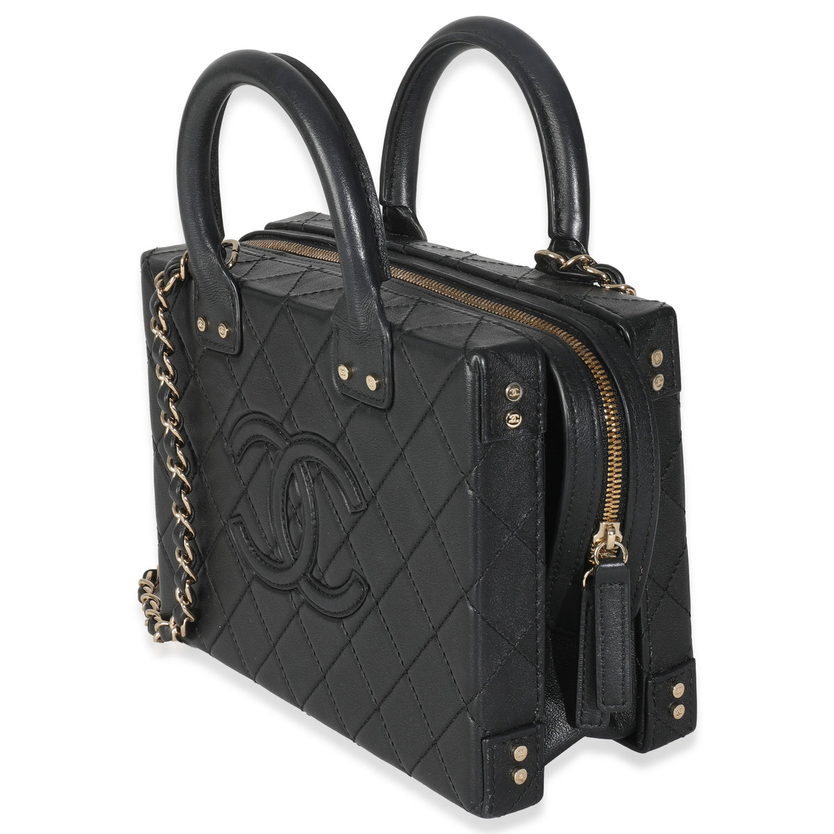 Chanel Black Quilted Calfskin Studded Square Vanity Case Handbag sv
