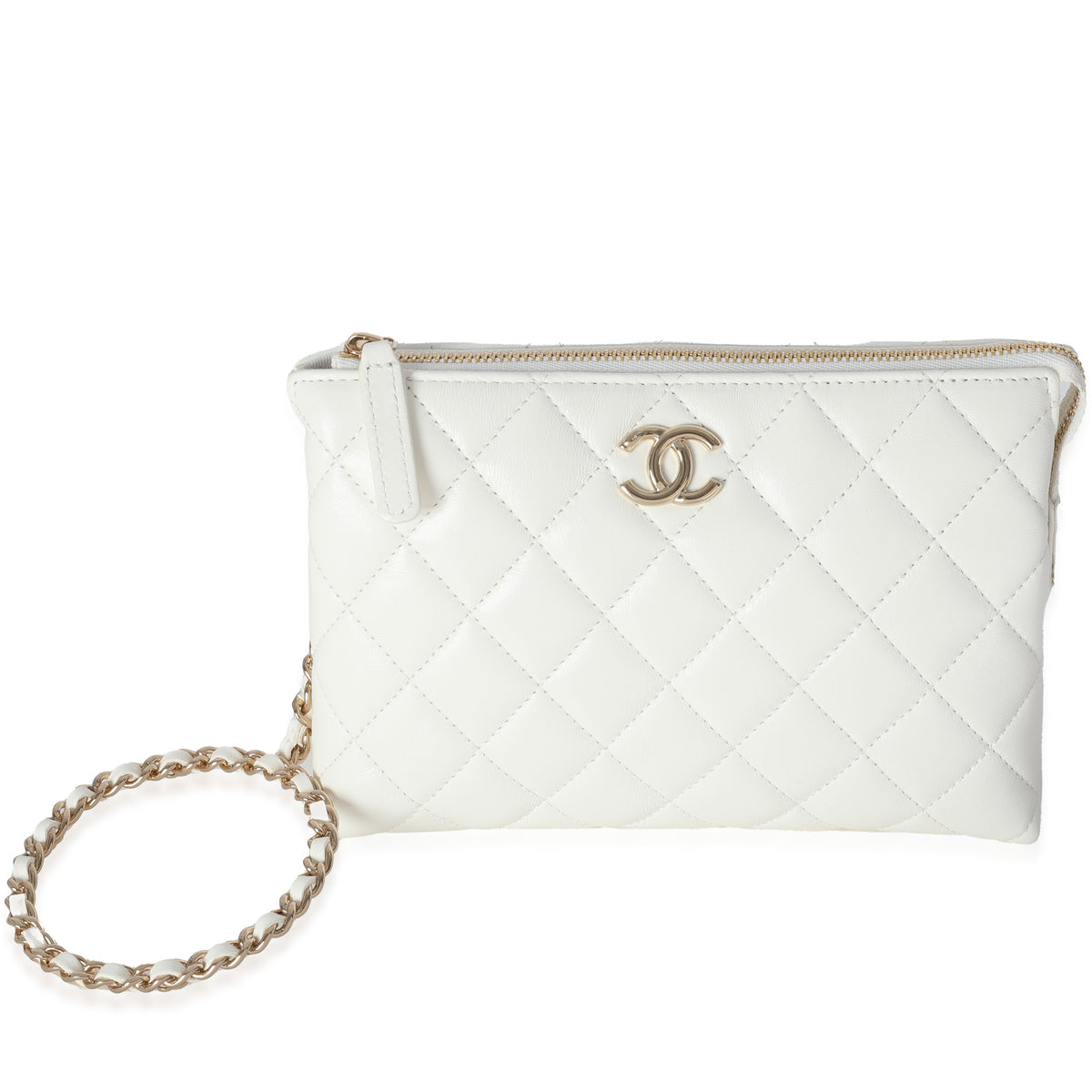 White Shiny Crumpled Quilted Calfskin Clutch Bag