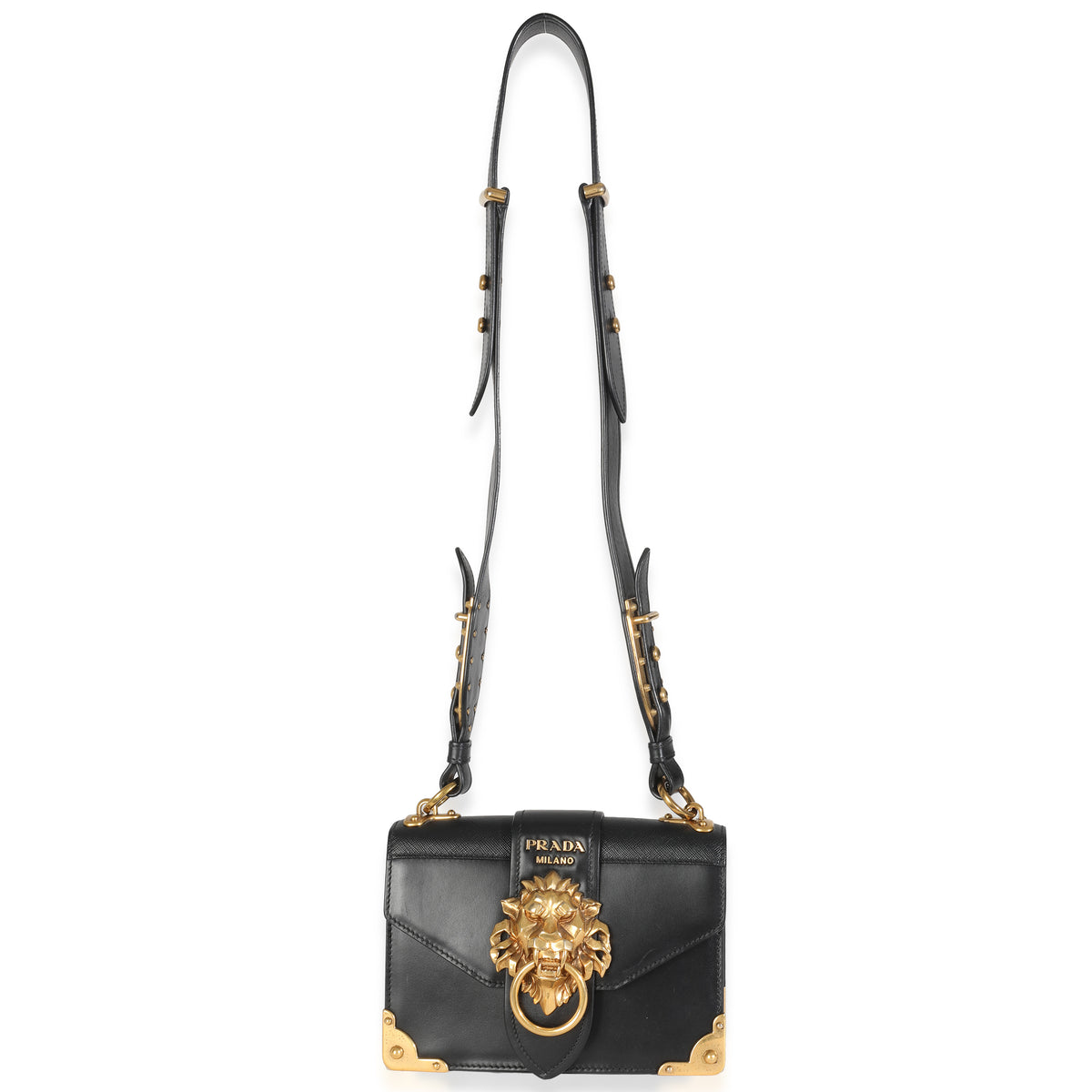 Black Antic Soft Saffiano Lions Head Cahier Shoulder Bag