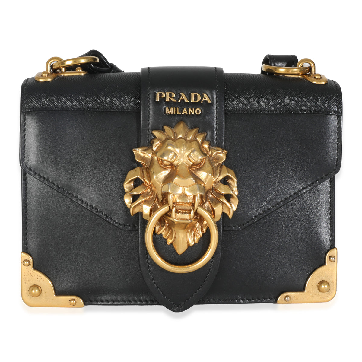 Black Antic Soft Saffiano Lions Head Cahier Shoulder Bag