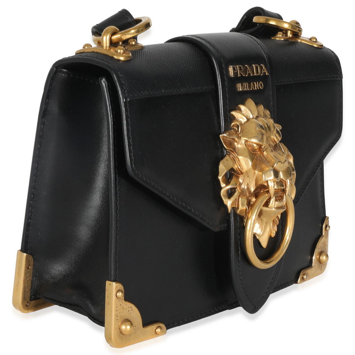 Black Antic Soft Saffiano Lions Head Cahier Shoulder Bag