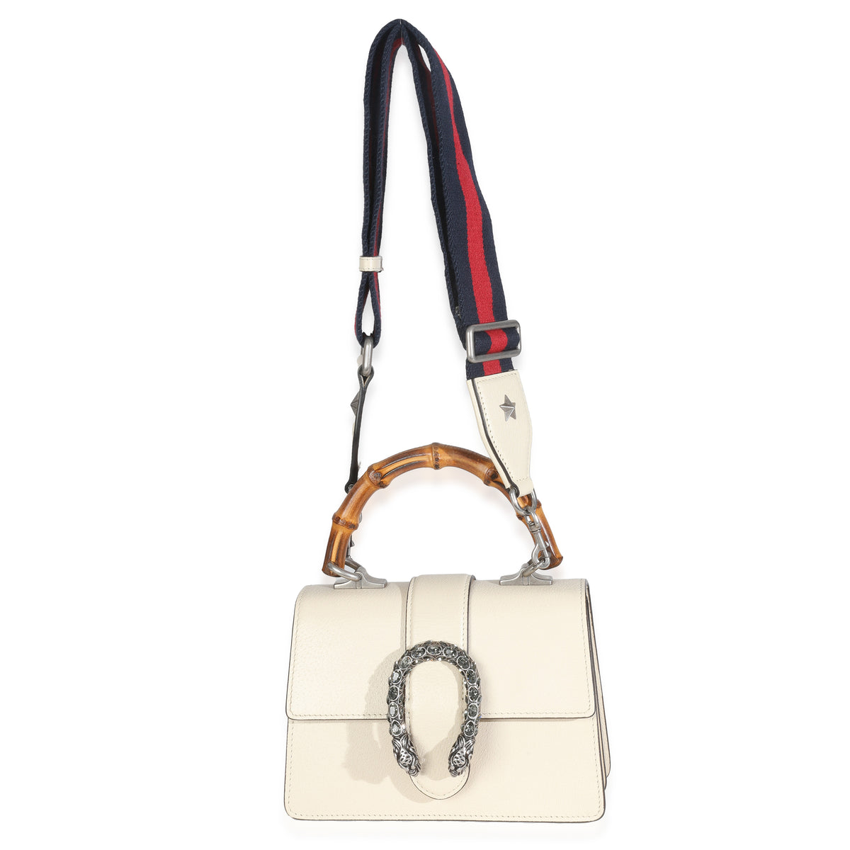 Mystic White Textured Calfskin Crystal Bamboo Web Mini Dionysus Top Handle